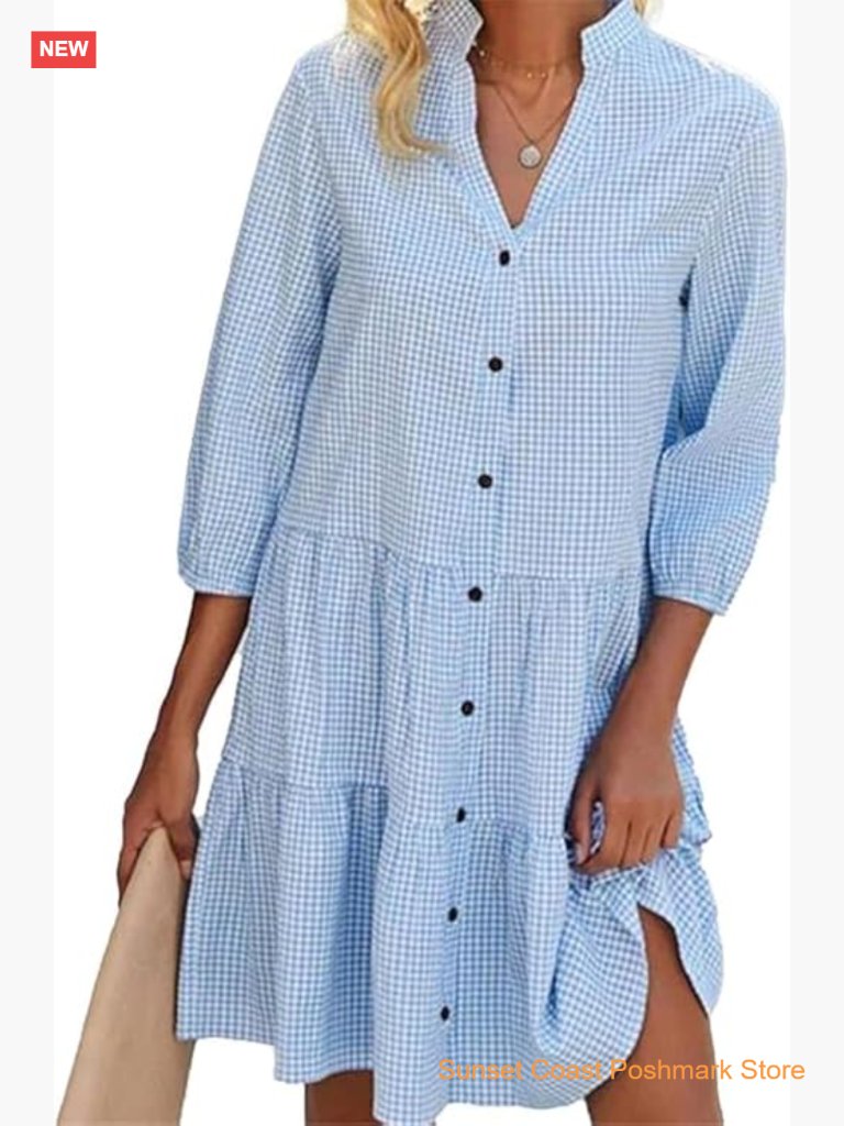 Vintage Gingham Button Half Sleeves Layered Plaid Shirt Dress Swing Dress